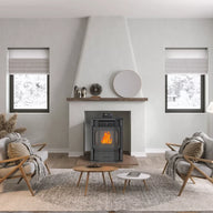 Estufa de Pellets Canalizable FUJI R12 – 12 kW con Diseño Vintage y Triple Cristal Panorámico